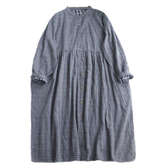 Women Dress V Neck Plaid Print Long Sleeve Single-breasted Double-layered A-line Loose Hem Pleated Shirring Cuff Spring Fall Midi Dress