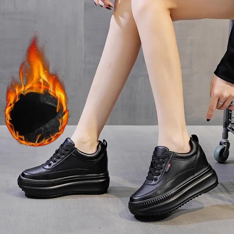 Women Genuine Leather Casual Black Shoes Platform Wedge Female Women 8CM High  Fashion Sneakers Chunky Spring Autumn Shoes