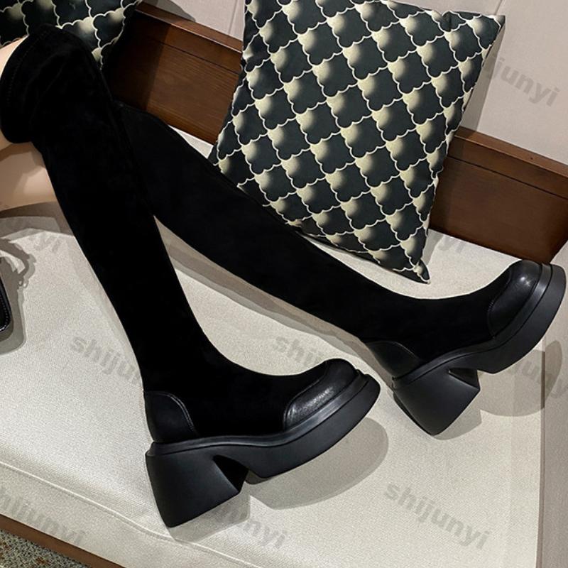 Fashion Women Chunky Platform Elastic Long Boots Autumn Trend Suede Thick Bottom Over The Knee High Boots Woman Platform Slip On Booties