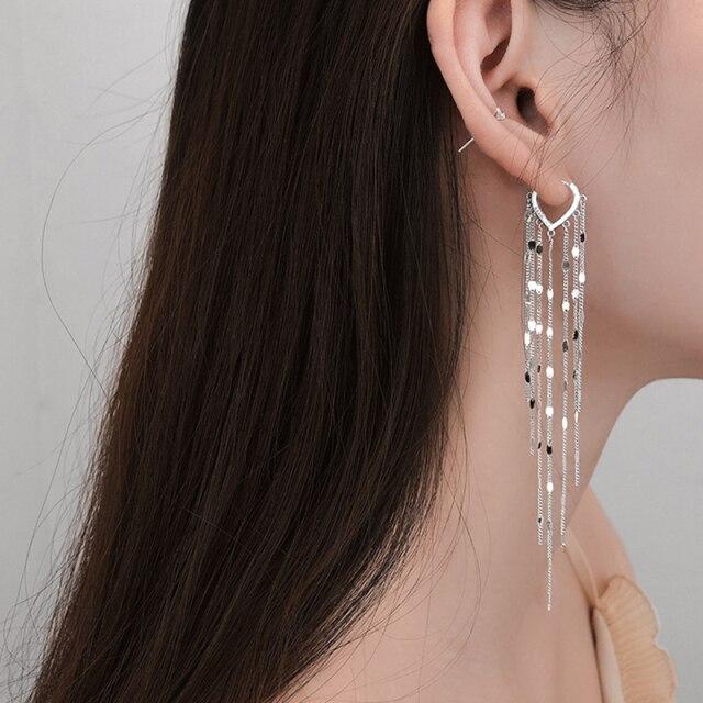 Anenjery 925 Sterling Silver Shiny Long Tassel Chain Earring For Women Light Luxury Earline Heart Earbuckle