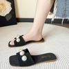 Women Pearl Flat Slippers High Quality New Lightweight Casual Comfortable Square Head Non-slip Women's Beach Slippers