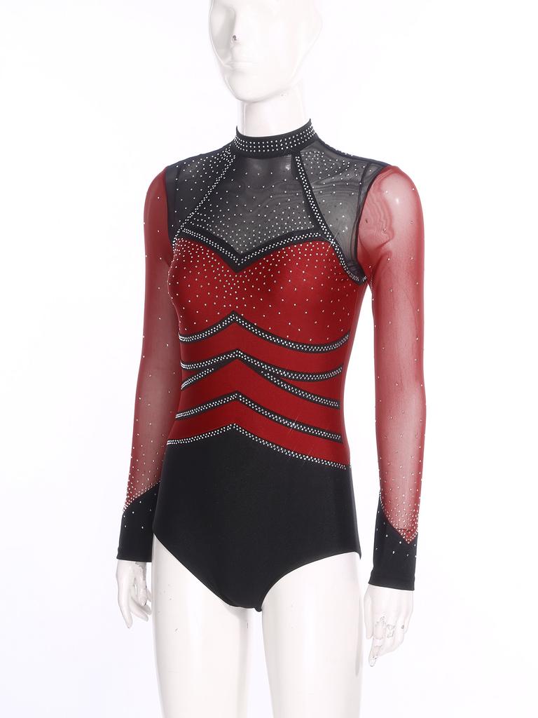 S-XXL Women‘s Performance Bodysuit: Rhinestone Mesh Long Sleeve with Back Cutout & Snap Crotch for Gymnastics, Skating