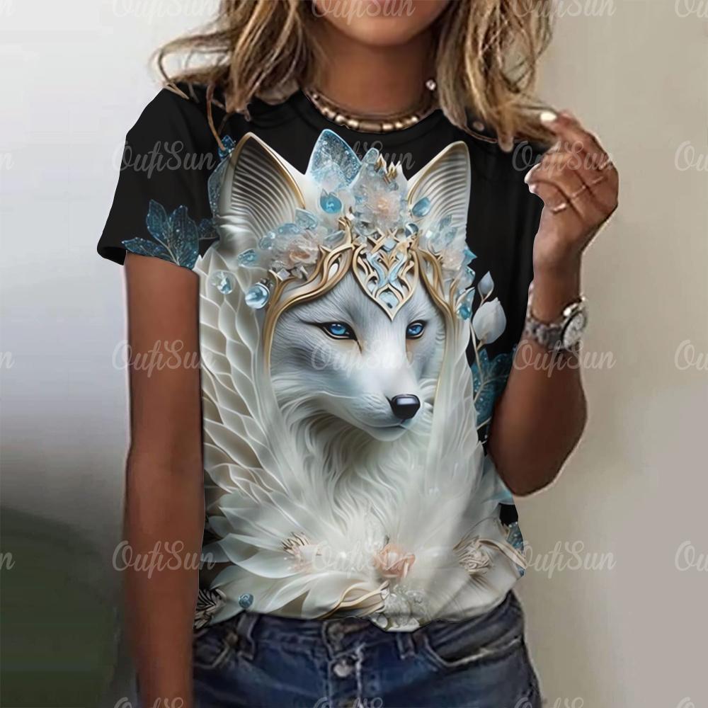 Neues T-Shirt für Damen 3D Wolf Print T-Shirts O-Ausschnitt Locker Kurzarm Bluse Damenmode Tiergrafik Tops Harajuku Streetwear