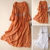 Spring Summer Dress Embroidery Ninth Sleeve Loose Midi Dress Round Neck Lightweight