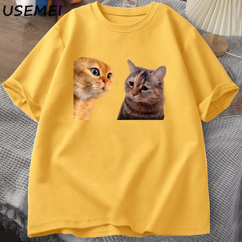 Sad Cat Mewing Tshirt Funny Two Cats Talking Meme Grpahic T Shirts Women Unisexs Cotton Tshirt Summer Short Sleeve Tees