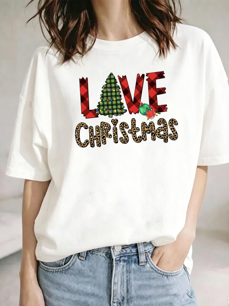 (Asian Size) Leopard Plaid Tree Christmas Festival Tee Top New Year Clothing T Shirt Women Fashion Print Female Woman Short Sleeve Graphic T-shirts