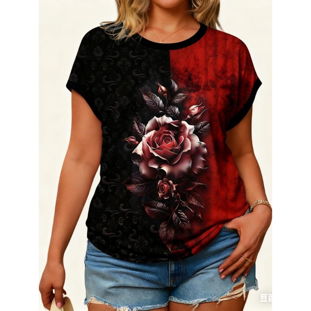 XL-7XL Übergröße Damen T-Shirts Damen O-Ausschnitt Mode Blume Patchwork Farbe Bedrucktes Top Kurzarm T-Shirt