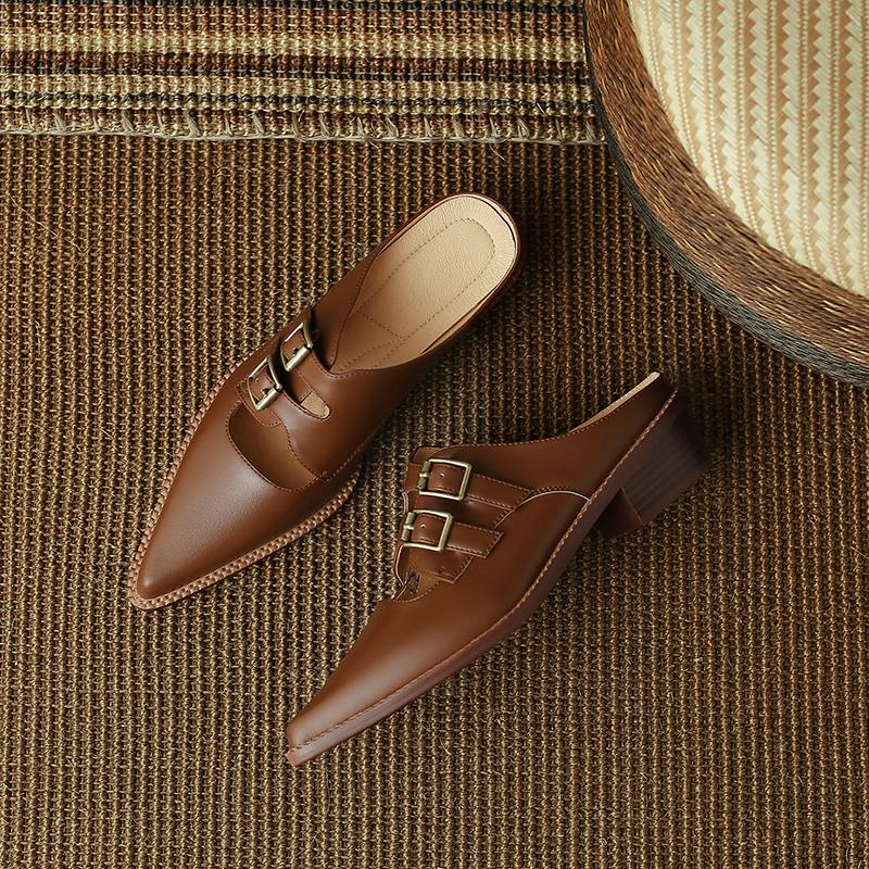 Fashion 2025 Summer Women Shoes Genuine Leather Shoes for Women Covered Toe Chunky Heel Mules Slingback Women Sandals Handmade Slippers