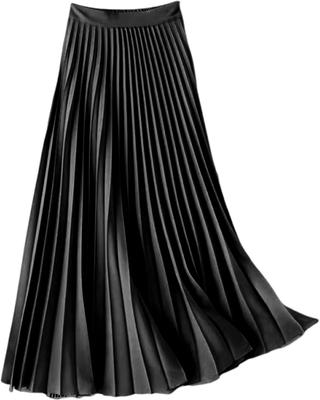 J.STORE Pleated Skirt, Shiny Flare Skirt, Formal, Casual, Wedding, Lolita, School, Solid Color, Summer, Black, 5S-J15-BKXL