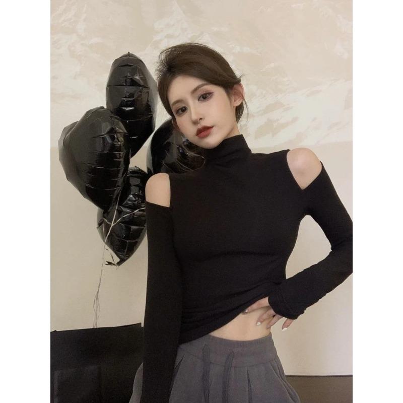 Autumn New Fashionable Turtleneck Bottoming Shirt Women's Long-sleeved T-shirt Off-shoulder Design Top