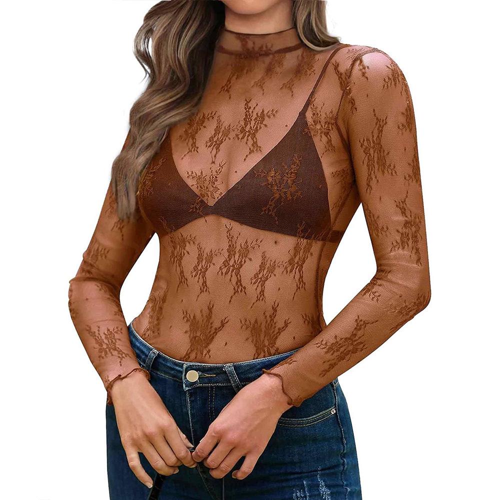 Europeisk Amerikansk Dam Hög Hals Y2K Nättopp - Sexig Genomskinlig Långärmad T-shirt