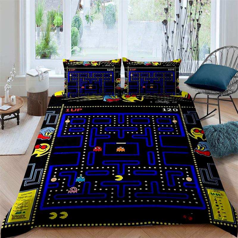Das Pac-Man Kinder-Lernspiel-Bettwäscheset—das einen Bettbezug und zwei Kissenbezüge enthält—ist das perfekte Feiertags