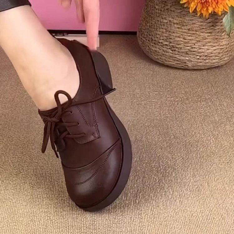Thick Heel Comfortable Round Head Autumn New Lace-up British Style Small Leather Shoes Medium Heel Black Single Shoes