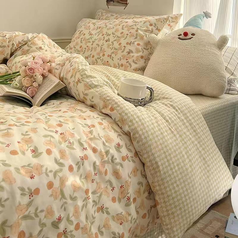 Pure Cotton 60-count Four-piece Set, Pure Cotton Thickened Bed, Three-piece Set, Long-staple Cotton, Small Fresh Quilt Cover, Fitted Sheet