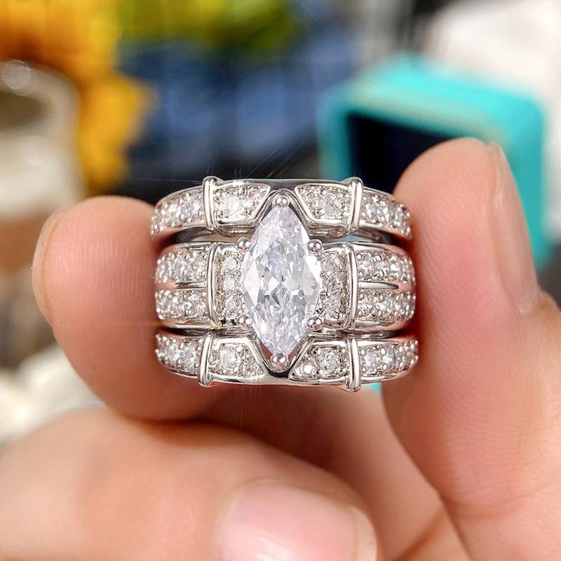 Nieuw Ontworpen Marquise Zirkonia Set Ringen voor Vrouwen Hoge Kwaliteit Zilverkleurig 3 Stuks Matchende Ringen 2023 Trendy Sieraden
