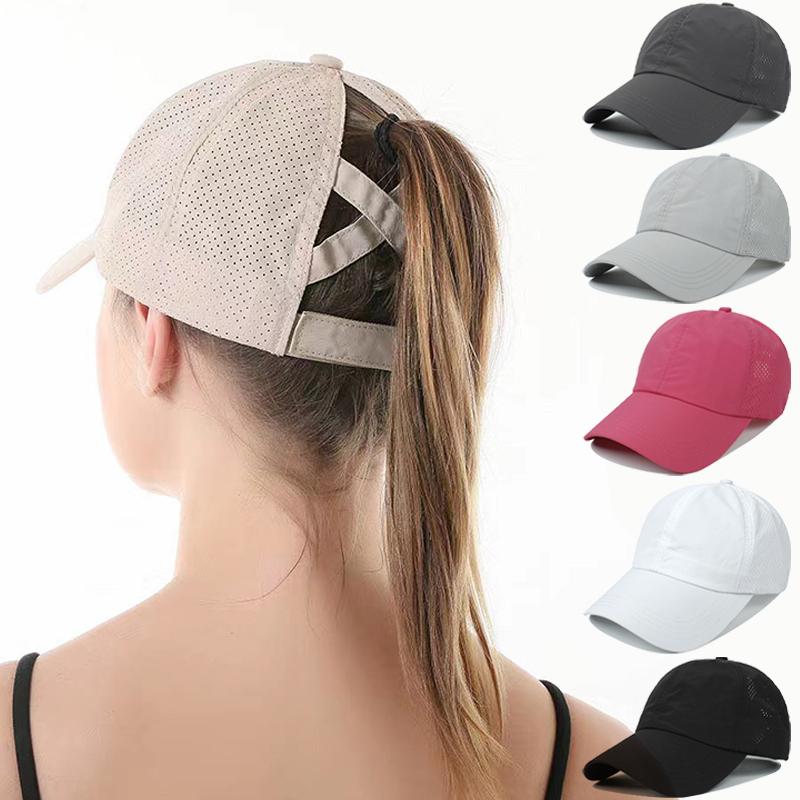 Casquette de baseball d'été solide pour femmes, chapeau de sport, de loisirs, à queue de cheval croisée, en maille, à séchage rapide, pare-soleil, chapeau haut-de-forme à moitié vide