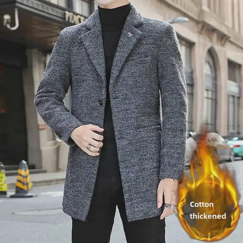 Men's Slim Woolen Windbreaker Jacket, Mid-length, Korean Style, for Autumn and Winter Business Wear