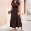 Women's Short Sleeve Shirt Dress with Lapel Collar, Tie Waist, Flared Hem, Plain Color, Casual Fit for Summer