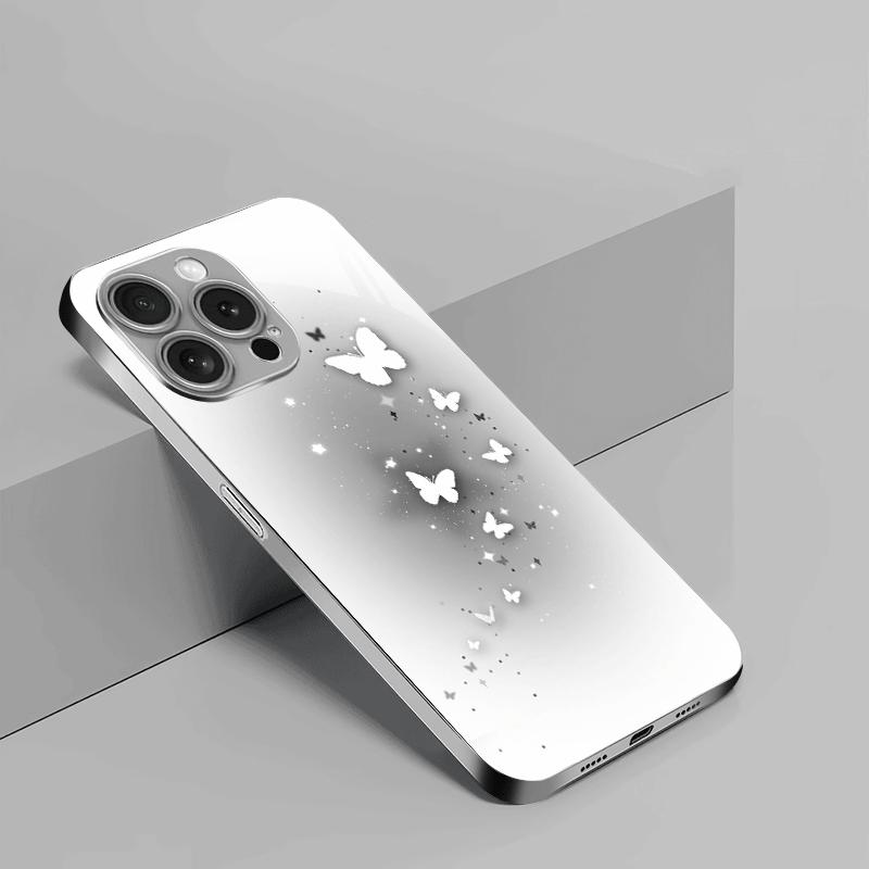 Traumhaftes Schmetterlingsmuster Gehärtetes Glas Handyhülle Geeignet für iPhone 17 16 15 14 13 12 11 Pro/Max/Plus Sturzfest
