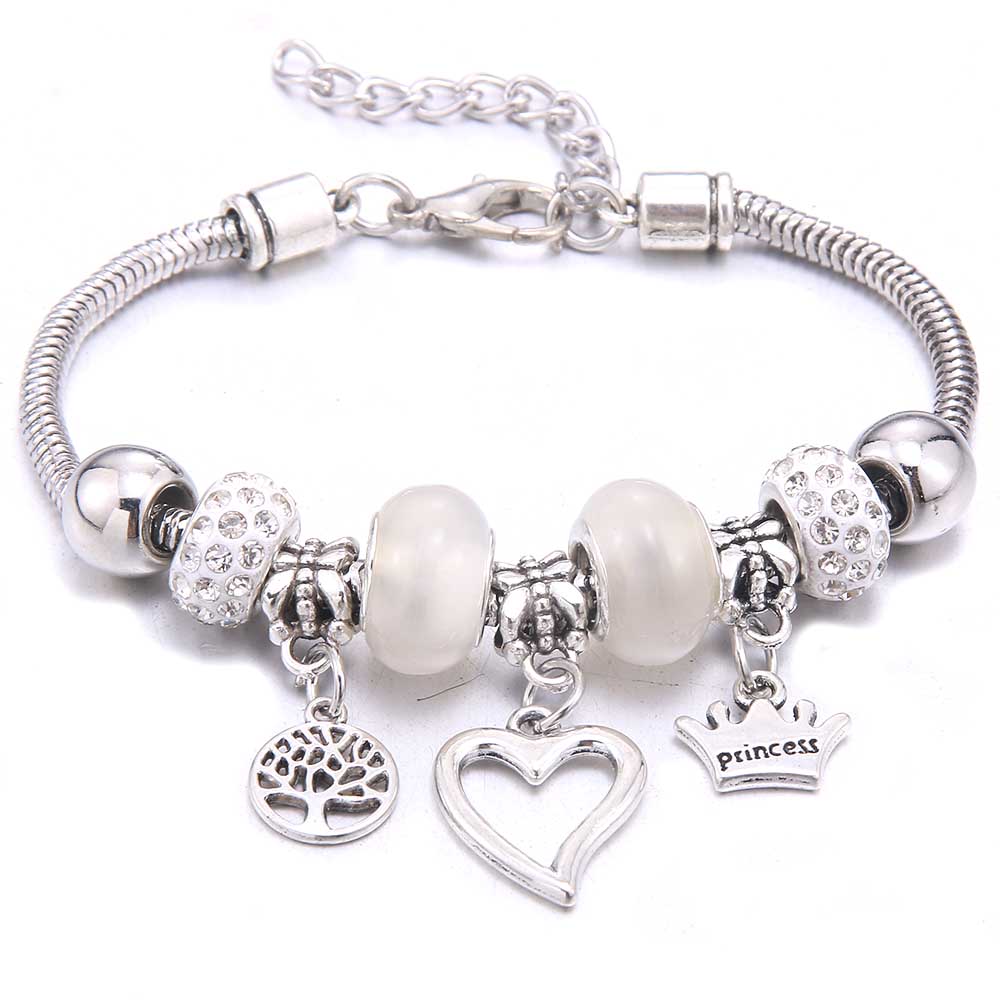 New Charm Bracelet & Bangles Jewelry white butterfly Crown Beads Bracelets Brands Bracelets Fit Women Girl Friendship Gift