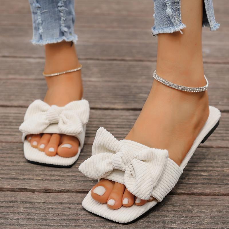 Fashion Fashion Leopard Bowknot Decoration Fabric Slippers Women Summer Square Toe Flat Heel Slip On Sandals Sweet White Beach Shoes