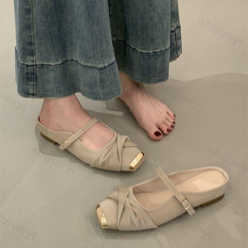 Fashion Elegant Square Head Flat Half Slippers for Women 2025 Spring Soft Sole Comfortable Mary Jane Shoes Shallow Mouth Fashion Sandals