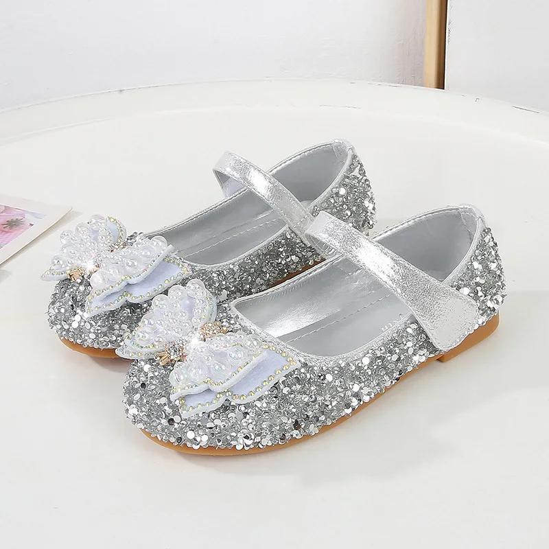 Girls Party Shoes Sweet Rhinestone Butterfly Fashion Spring Autumn Kids Leather Shoe Sequins Children's Flats for Party Wedding