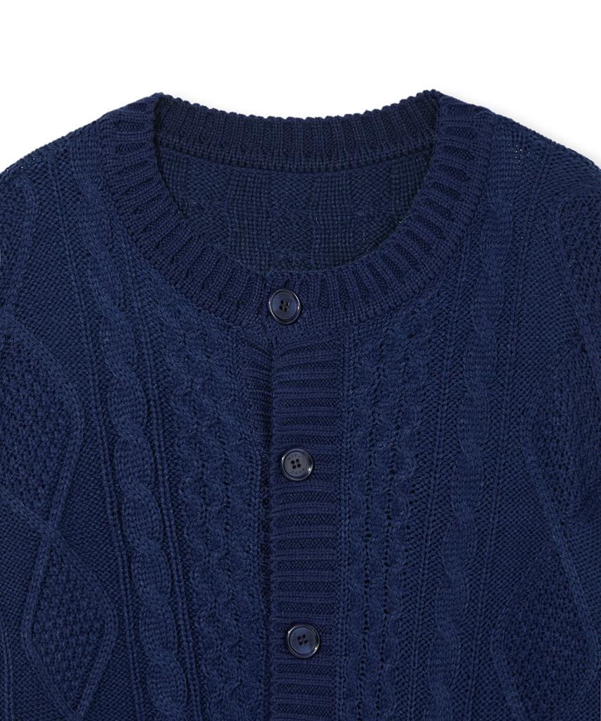 Nodu Fisherman Cable Round Neck Semi-Oversized Long Sleeve Knit Cable Knit Cardigan [Navy]