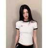 Top Crop cu Fundă Brodată Contrast Femei Casual Imprimeu Dungi Mânecă Scurtă Slim Tricouri Albe Casual Streetwear y2k Tricouri