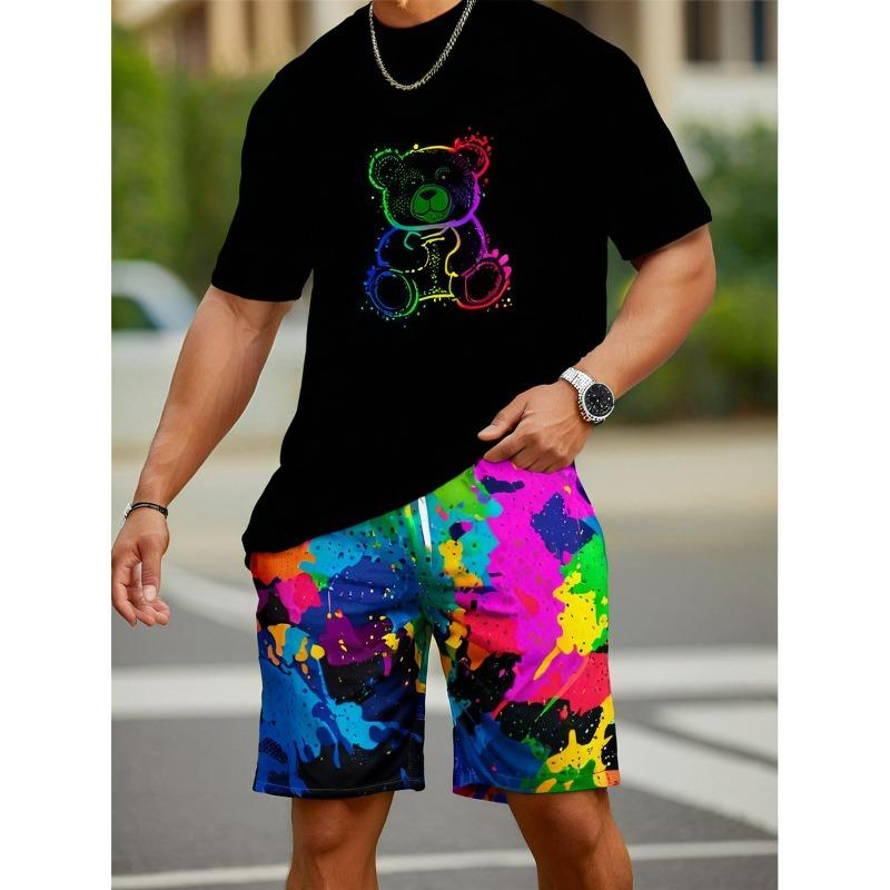 European Sizes Only Selling Men's Black Cotton T-shirt with Colorful Bear Graffiti Print - Adult Casual Short Sleeved Summer T-shirt