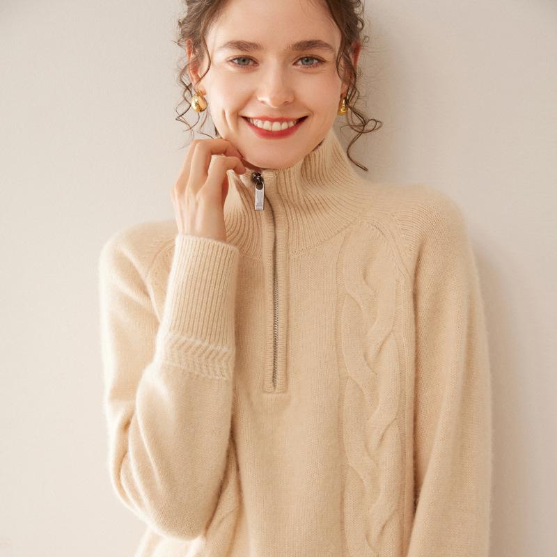 Cardigan Cachemire à Revers pour Femme avec Fermeture Éclair et Motif Fleur Torsadée