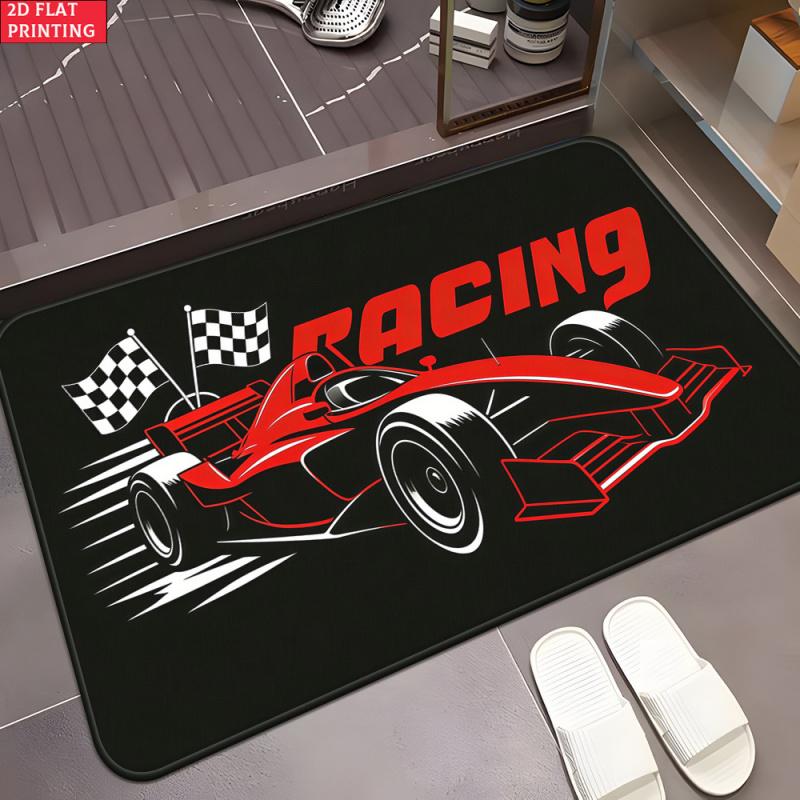 VIKAMA F1 Formule Racewagen Deurmat Rood Raceauto Schaakbord RACING Letterprint Antislip Absorberende Vloermat Man Cave Garage
