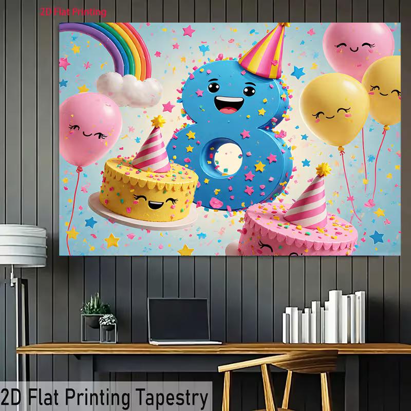 2D 8. Geburtstag Kulisse für Mädchen, Niedliche Cartoon-Zahl 8 mit lächelnden Kuchen und Ballons