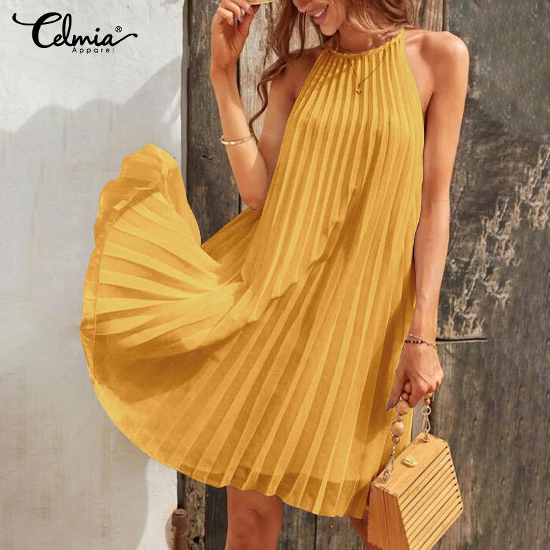 Women Summer Mini Dress Spaghetti Strap Sundress Holiday Party Casual Loose Pleated Suspender Dresses