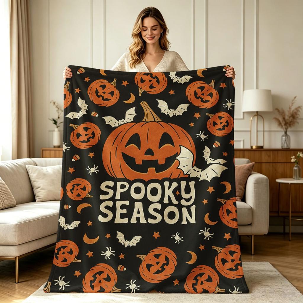 Soft Warm Flannel Throw Blanket Spooky Season Halloween Pumpkin Bat Spider Pattern All Season Blanket for Couch Sofa Bedroom Living Room Office Home D