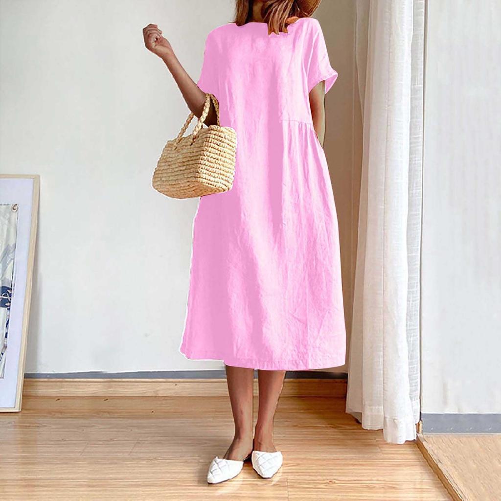 Ladies Cotton Linen Fashion Versatile Solid Color Lunch Break Vacation Daily Dress
