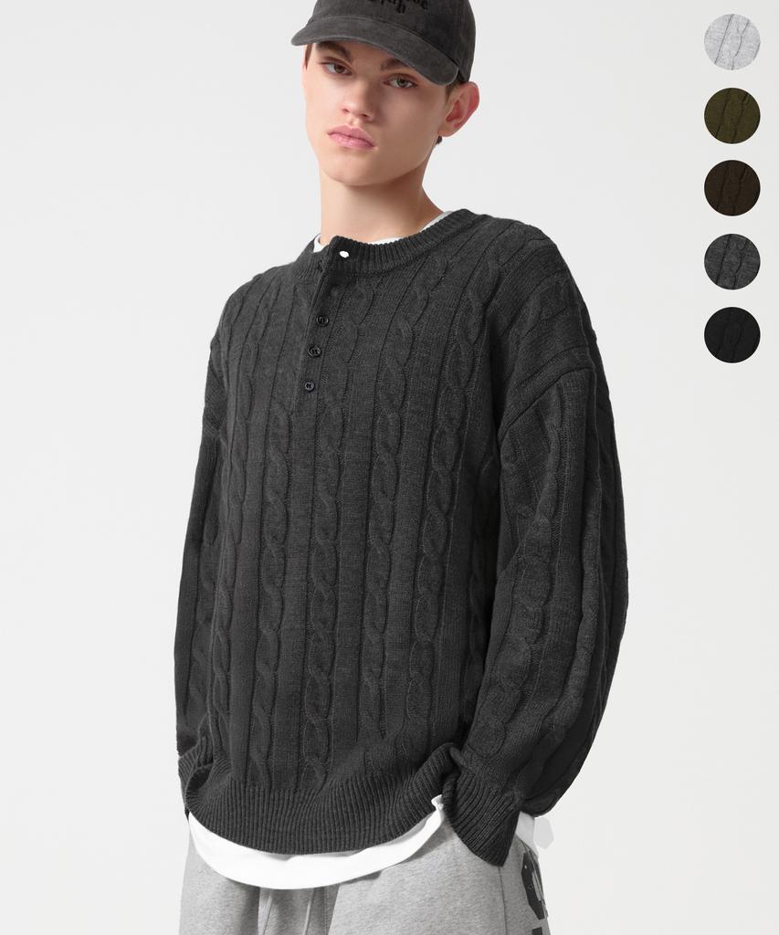 TRILLION Semi-Crop Henley Neck Cable Knit_5Color