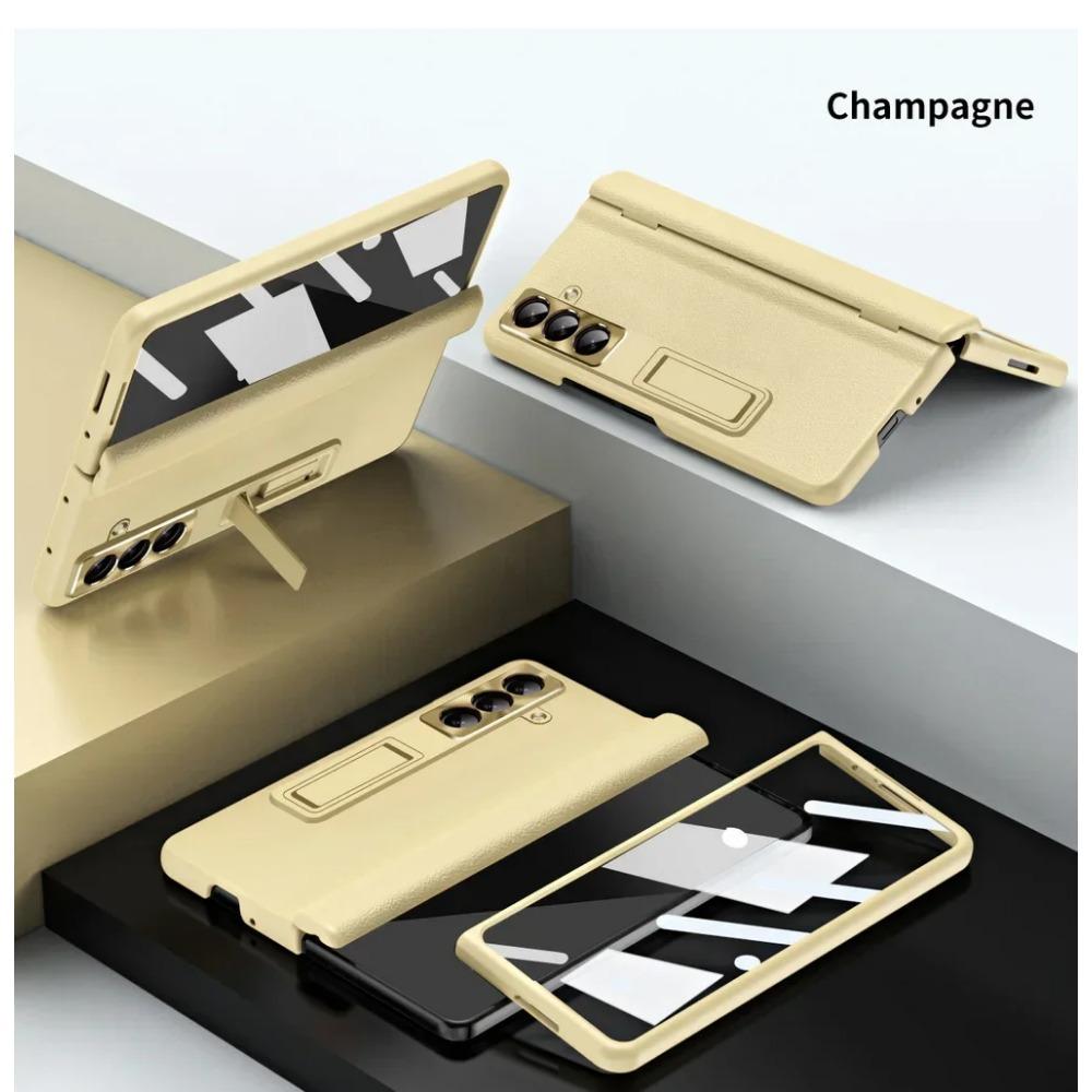 Capa de Celular com Película de Vidro Temperado, Suporte Invisível Ajustável, Estilo Executivo de Luxo para Samsung Galaxy Z Fold 7 6 5 4 3, Protege a Tampa Traseira