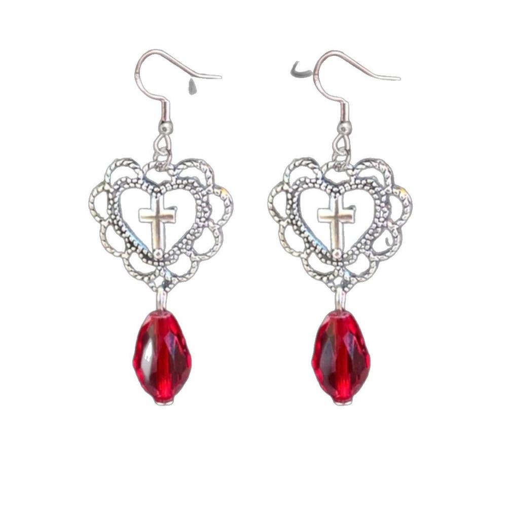 Gothic Ancient Silver Hollowed-out Heart-shaped Central Cross Red Black Crystal Pendant Necklace Earrings Set for Woman Jewelry