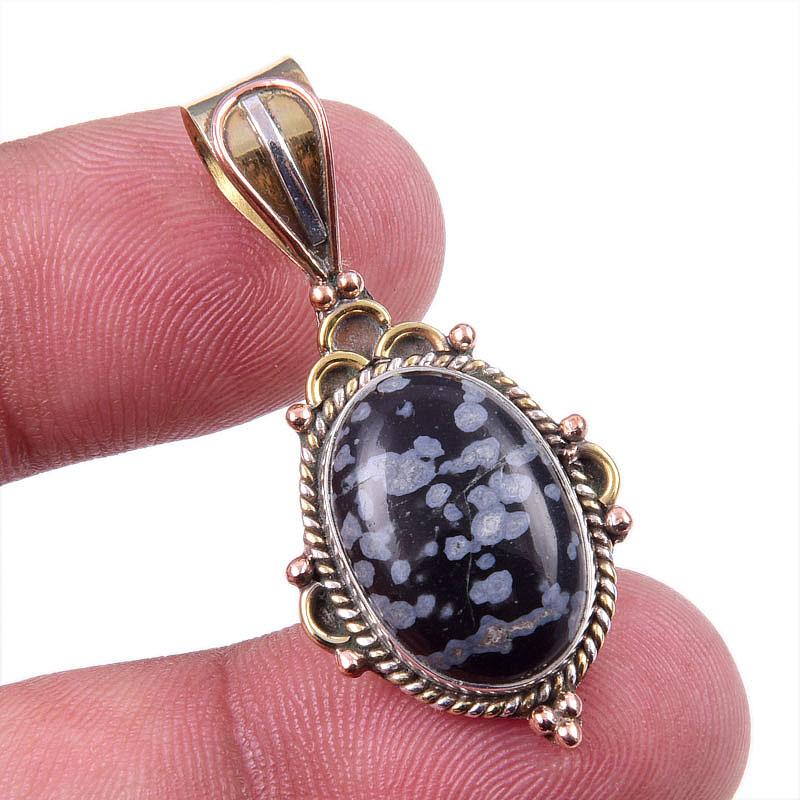Natural Snowflake Obsidian Gemstone 925 Solid Silver Two Tone Pendant 1.50" K0t51