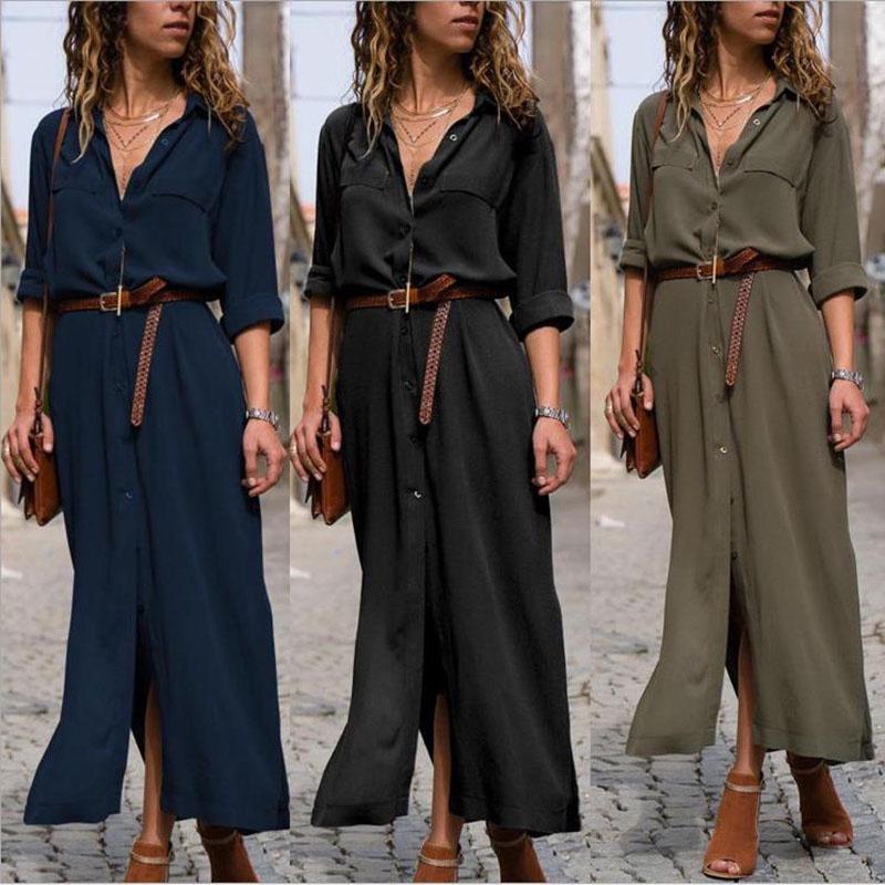 Elegancka Damska Moda Guziki Długi Rękaw Luźna Sukienka Koszulowa Oversize Maxi Sukienka Herbaciana