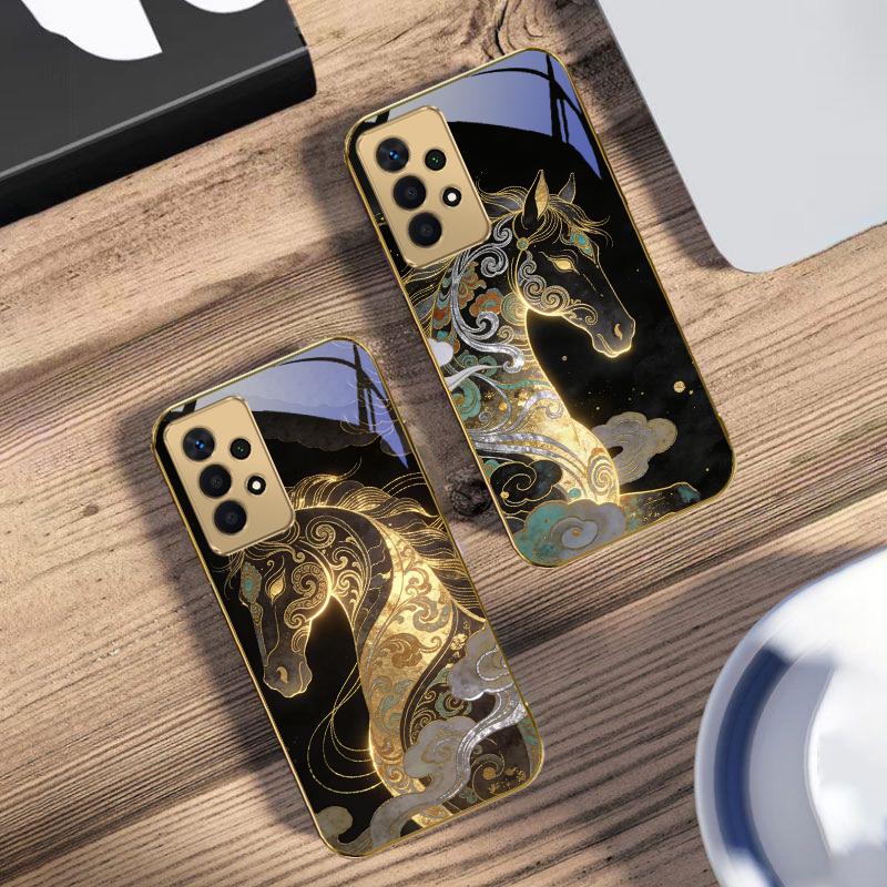 Ruishou Golden Steed For Samsung A73 A72 A71 A42 A56 A55 A54 A53 A52s A52 A51 A36 A35 A34 A33 A32 A16 14 Golden Glass Phone Case