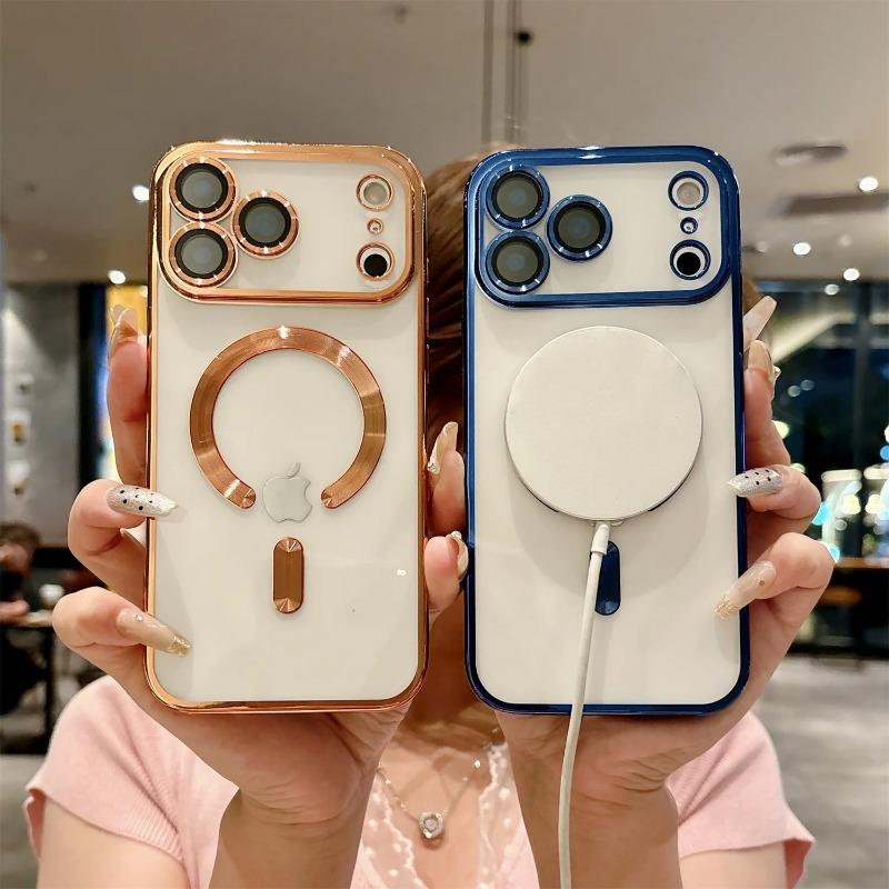 For IPhone 18 17 16 15 14 13 Pro Max 17Air Soft Silicone Gold Full Lens Camera Cover for Magsafe Transparent Magnetic Case