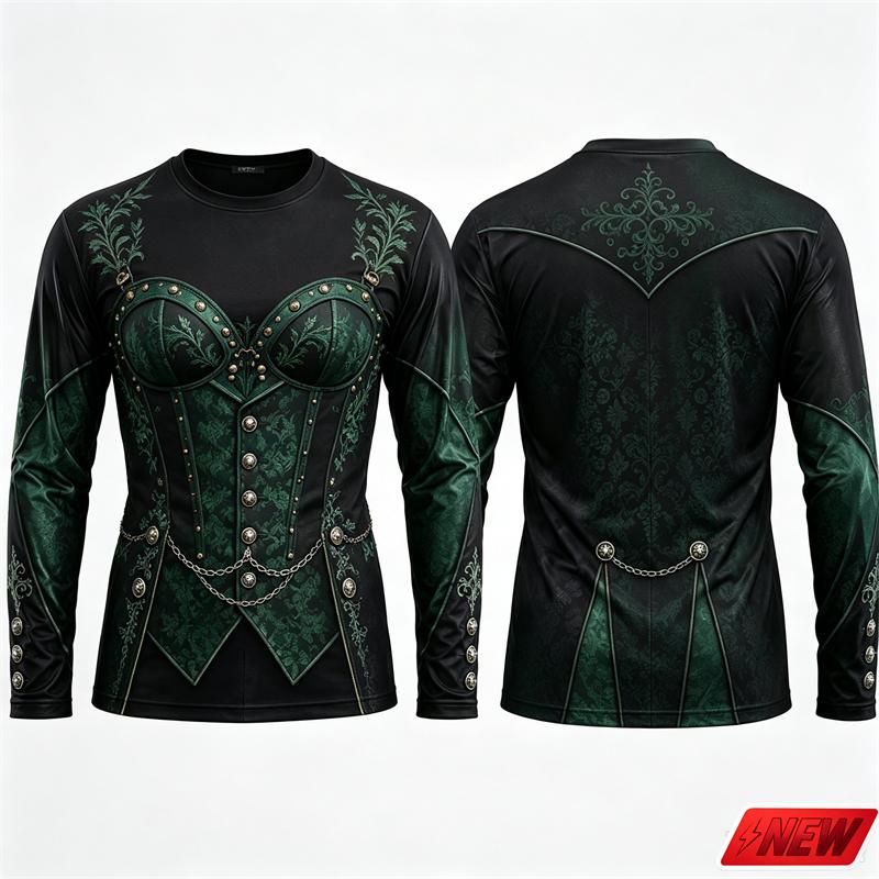 Gotisches Vampir Kostüm Langarm T-Shirt Herren 3D Druck Fake Jacke Hemd Graphic Novelty T-Shirt Halloween Cosplay Party Oberteil