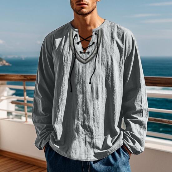 Men Causal Shirt Lace-up V Neck Loose Fit Long Sleeves Shirt Vintage Ethnic Boho Spring Fall Breathable Cotton Men Sweatshirt Top
