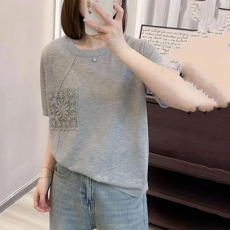 Gray Crew Neck Short Sleeve Lace Patchwork T Shirt for Women Casual Wear