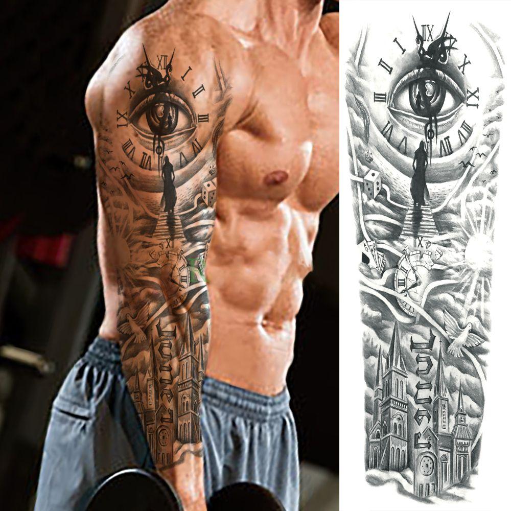 Beauty Fake Tattoos Waterproof Tattoo Sticker Temporary Decal Large Leg Full Arm Tiger Eye Clock