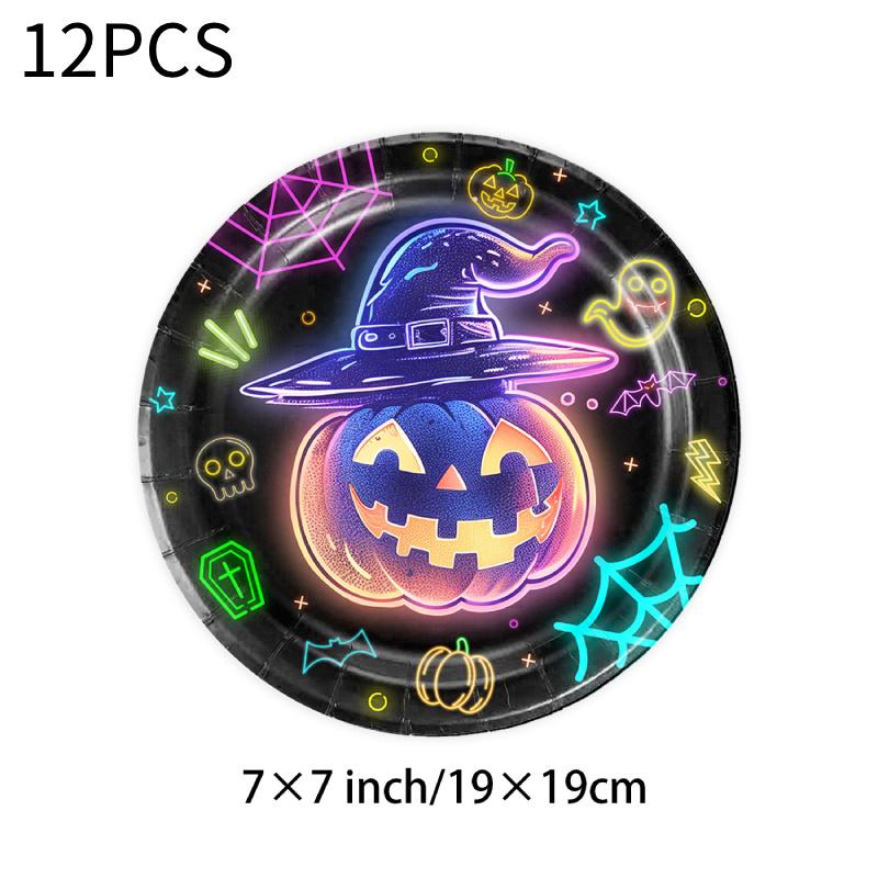 Eye-catching Halloween Glow In The Dark Disposable Party Supplies Set For 12 With Plates Cups Napkins And Table Cover