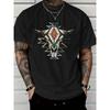 European Sizes Men's Black Short-Sleeve T-Shirt with Native American-Inspired Bull Skull Print and Geometric Patterns