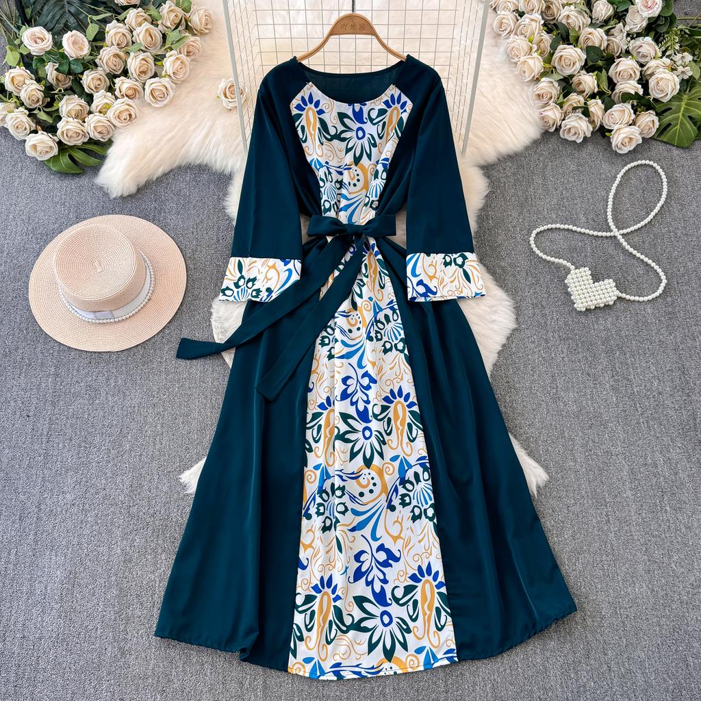 Autumn Vintage Women Printed Patchwork Long Dress Elegant O-Neck High Waist A-Line Casual Maxi Dresses Female Holiday Dresses